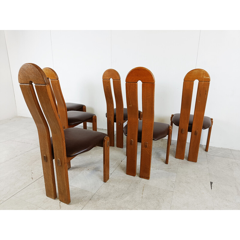 Set van 6 vintage brutalistische eiken stoelen, België 1960