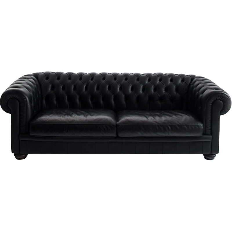 Vintage Chesterfield "King" sofa in black leather by Natuzzi, Italy