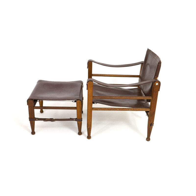 Vintage oakwood Safari armchair and ottoman in leather by Aage Bruun and  Son, 1960s