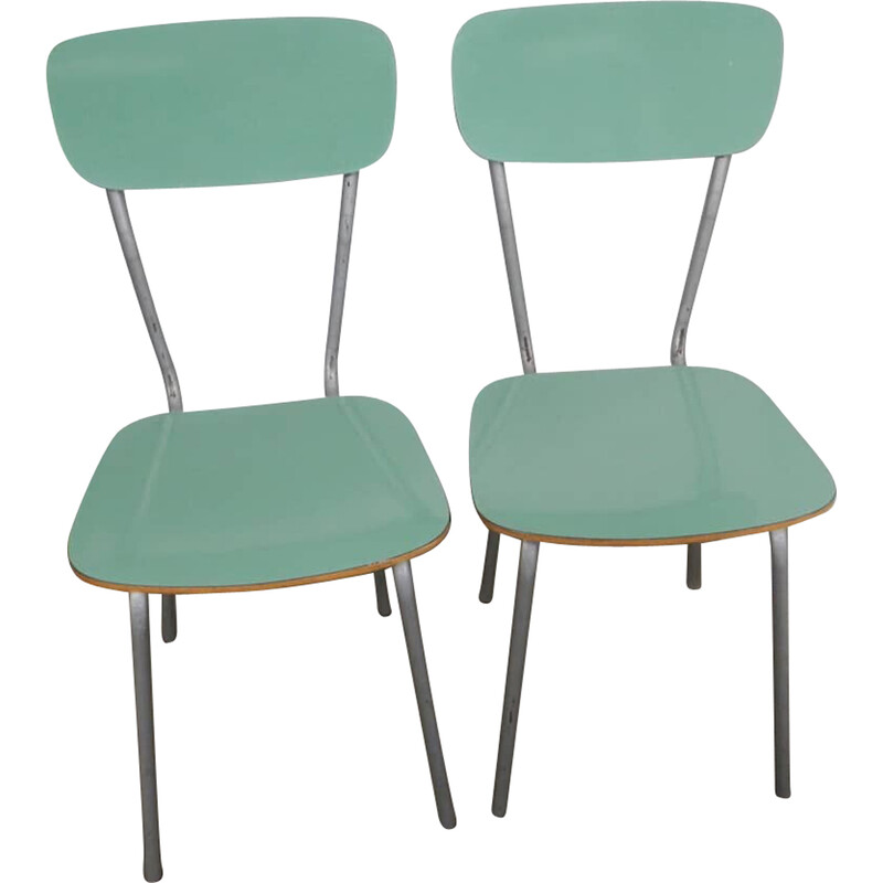 Pair of vintage chairs in green formica and gray painted metal