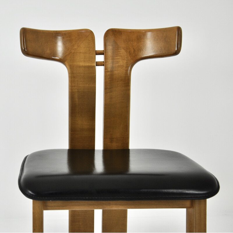 Ensemble de 4 chaises vintage en cuir et bois de Pierre Cardin, 1980