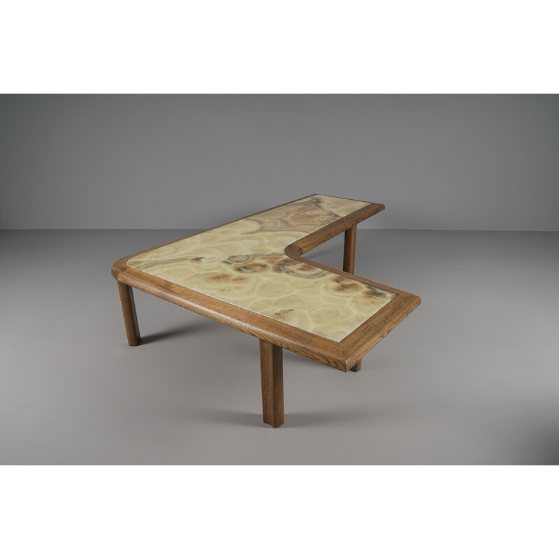 Table basse Boomerang vintage en bois de chêne et onyx, 1960