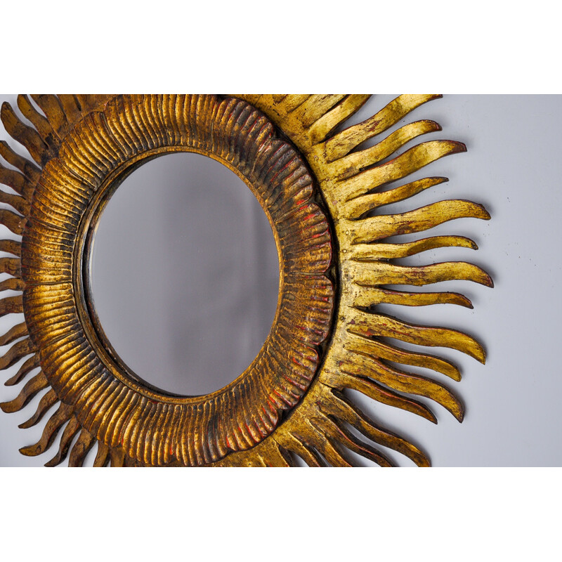 Vintage sunburst mirror in gilded wood, France 1960