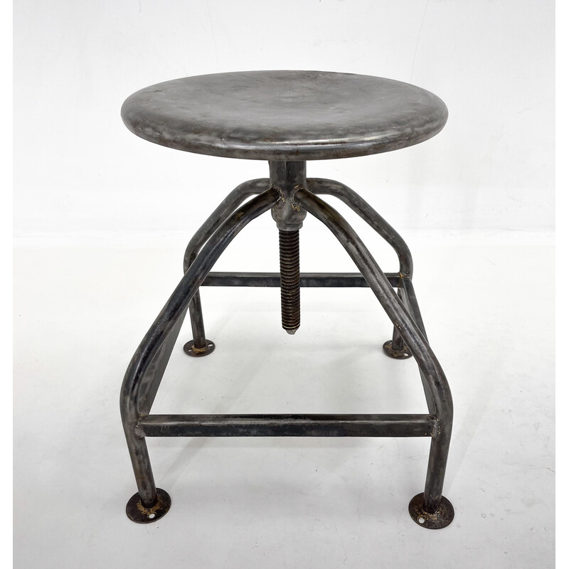 Vintage adjustable industrial stool in brushed steel, 1950