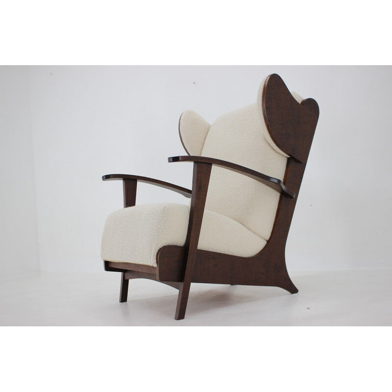 Vintage Wing armchair in beech and curly wool, Czechoslovakia 1940