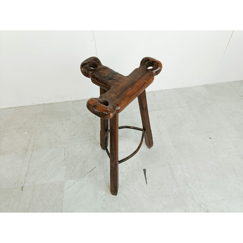 Set of 4 vintage wooden bar stools, Spain 1960