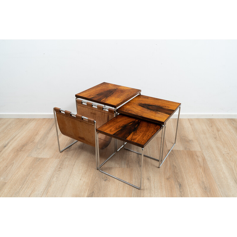 Vintage houten en verchroomd metalen nesttafel met tijdschriftenrek van  Brabantia