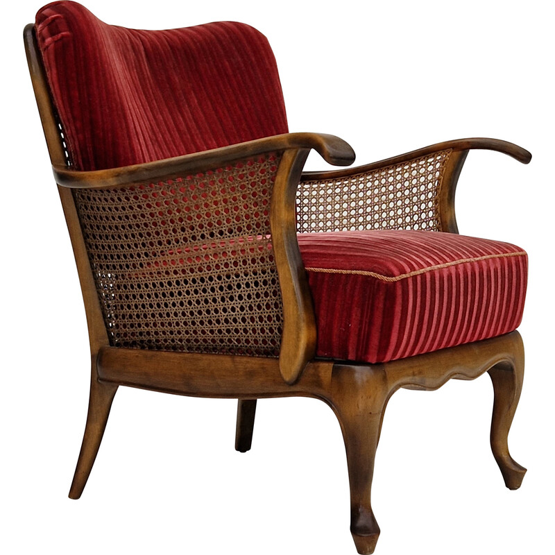 Poltrona scandinava vintage in faggio e velluto rosso ciliegia, 1930