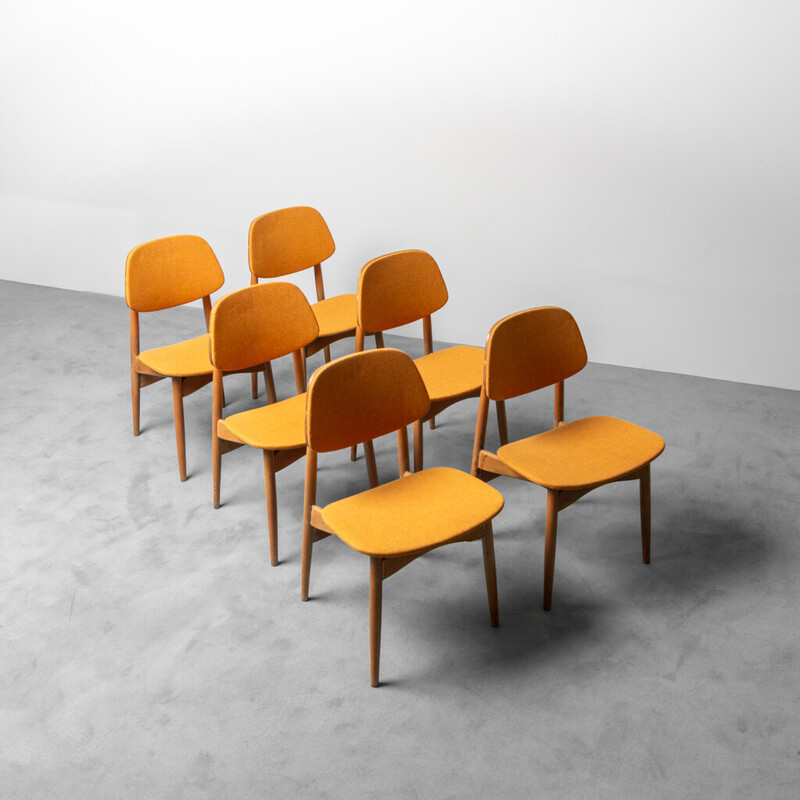 Conjunto de 6 cadeiras escandinavas vintage em madeira e tecido laranja,  1960
