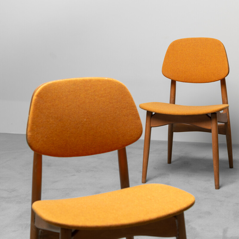 Ensemble de 6 chaises scandinaves vintage en bois et tissu orange, 1960