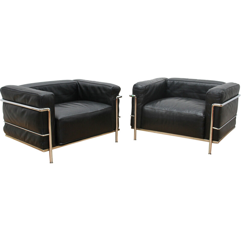 Paire de fauteuils Lc3 vintage en aluminium chromé par Le Corbusier pour  Cassina