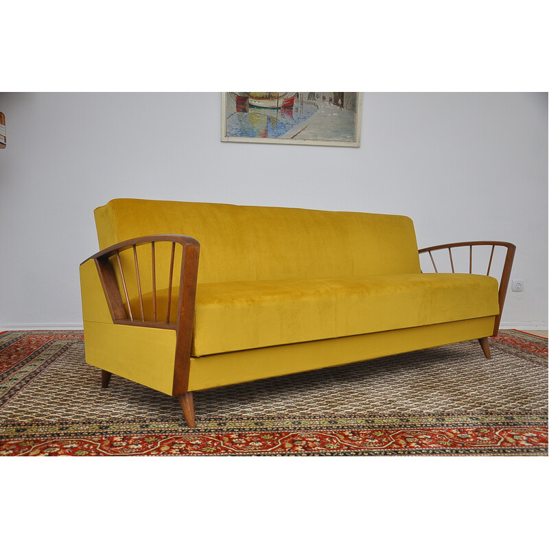 Sofá cama vintage de terciopelo amarillo, 1960