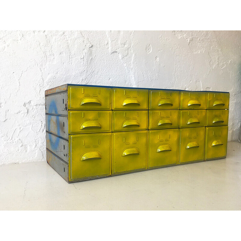 Set of vintage drawers in blue-yellow metal