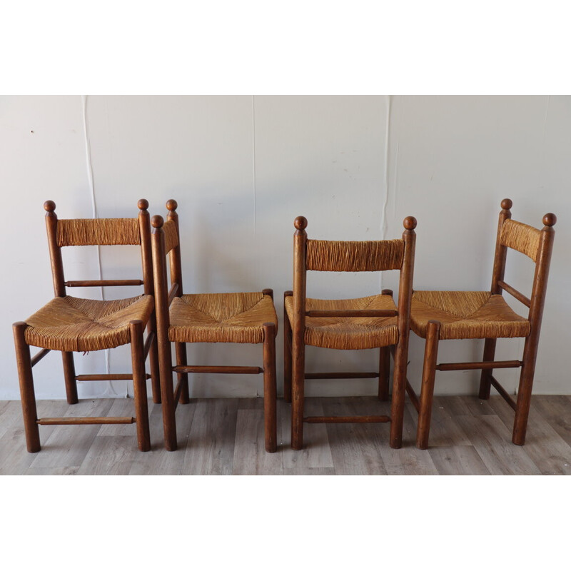 Conjunto de 4 cadeiras vintage em palha e madeira, 1960