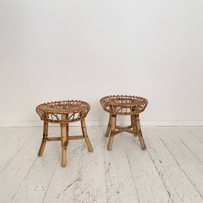 Pair of vintage bamboo and rattan stools, Italy 1972