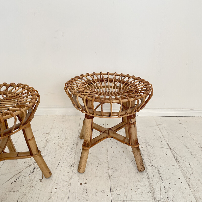 Pair of vintage bamboo and rattan stools, Italy 1972