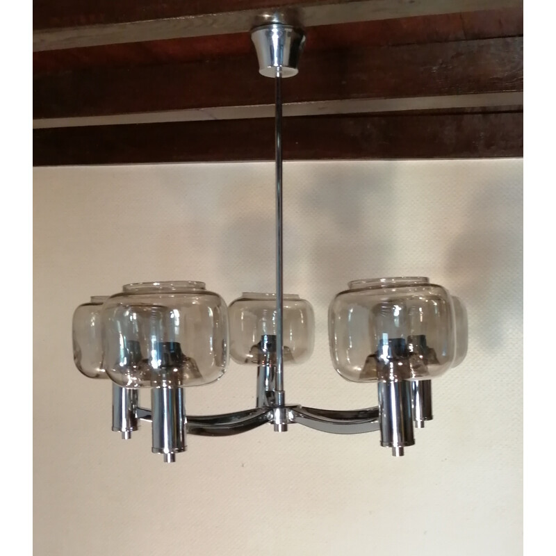 Vintage chrome-plated metal and smoked glass chandelier by Maison See  Delmas, 1970