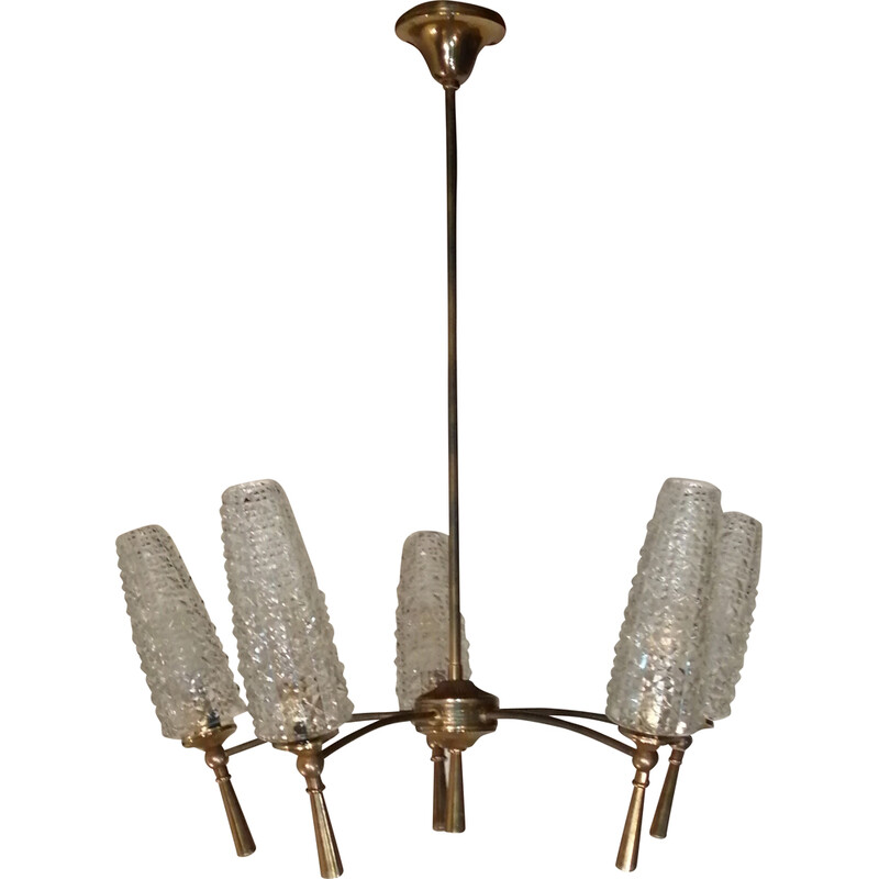 Vintage brass and glass chandelier, 1950