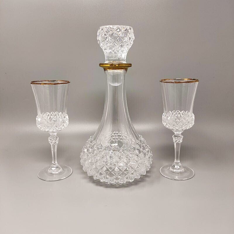 Carafe vintage avec 2 verres en cristal, Italie 1960