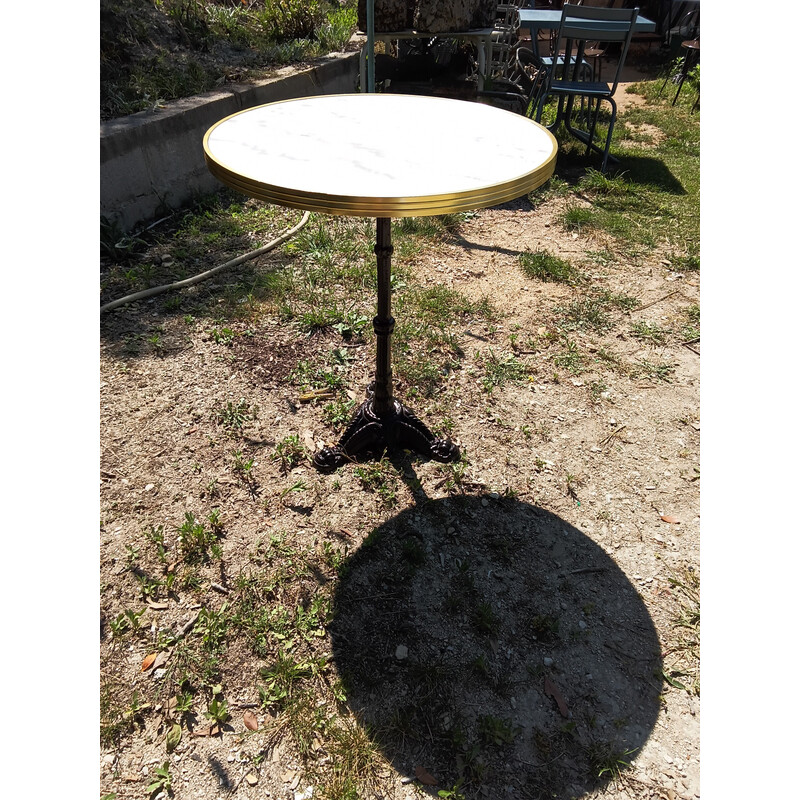 Vintage bistro pedestal table in white marble, brass and cast iron