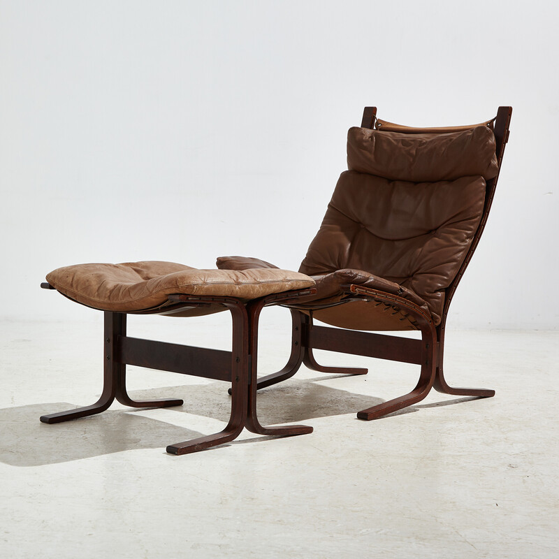 Vintage bruin leren Siesta lounge stoel met voetenbankje van Ingmar Relling  voor Westnofa, 1960