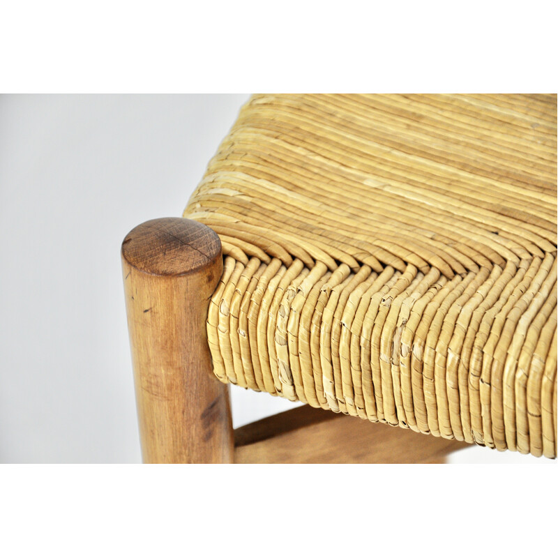 Vintage wooden Meribel chair with straw seat by Charlotte Perriand for  Steph Simon, 1950