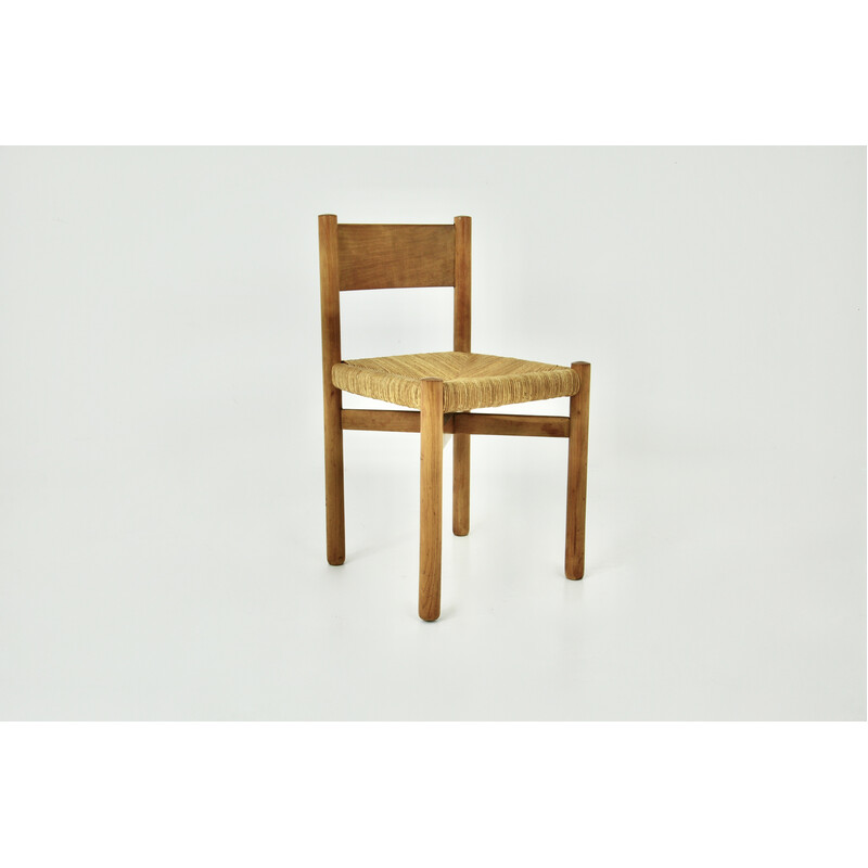 Cadeira de madeira Meribel vintage com assento de palha de Charlotte  Perriand para Steph Simon, 1950