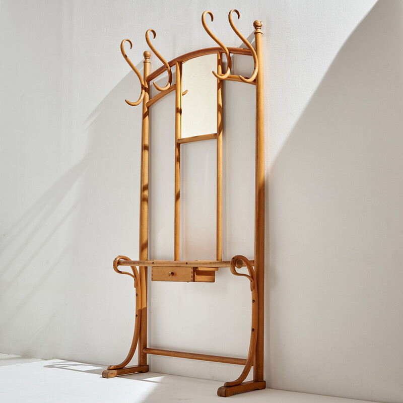 Vintage bentwood coat rack with a mirror and a drawer for Thonet, 1900