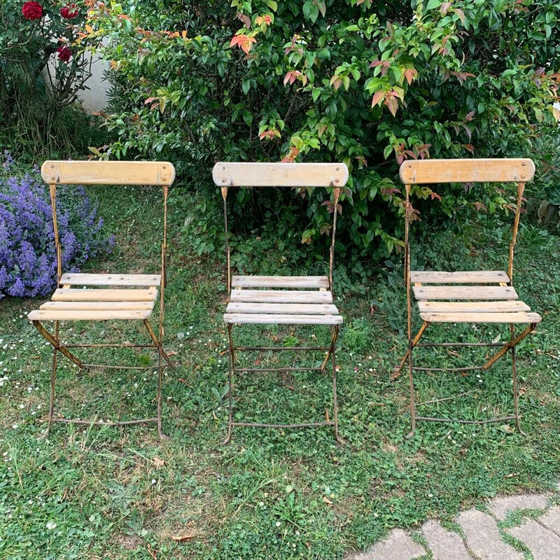 Juego de 3 sillas de jardín plegables vintage de hierro y madera