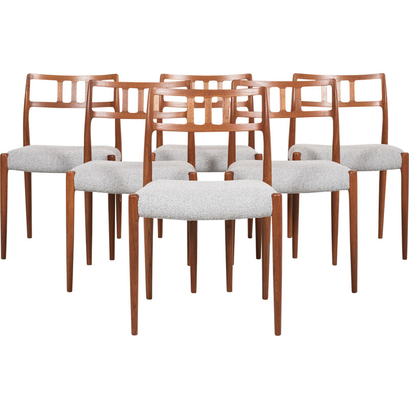 Set of 6 mid century Danish chairs in teak and fabric model 79 by Niels Otto Møller