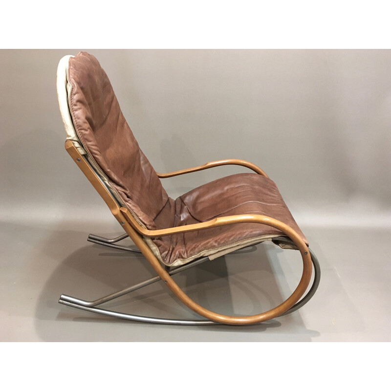 Rocking chair vintage en cuir marron - 1960