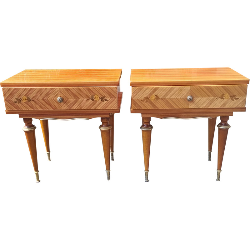 Paire de tables de nuit vintage en merisier massif vernis, 1950-1960