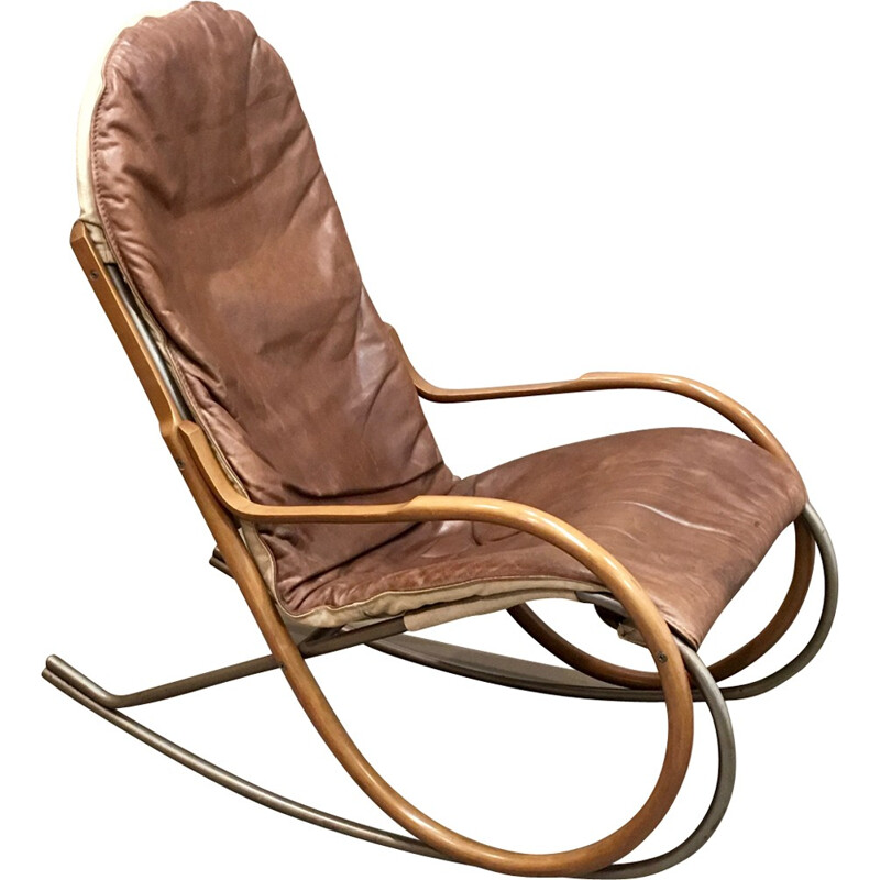 Rocking chair vintage en cuir marron - 1960