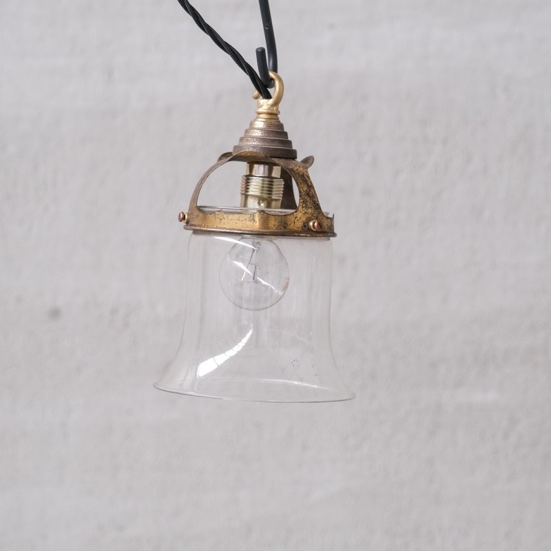 Paire de pendentifs cloche vintage en verre transparent et laiton, France  1950