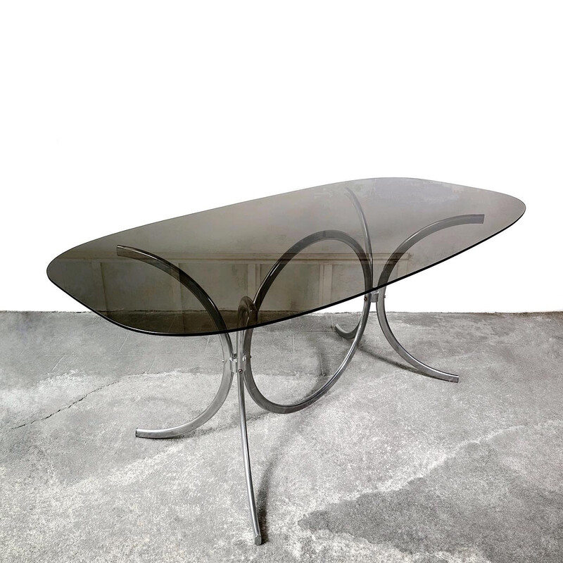 Vintage dining table in chrome and smoked glass, 1970