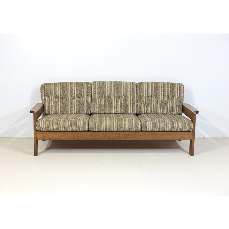 Par de sofás vintage de 3 lugares em carvalho maciço e lã, 1960