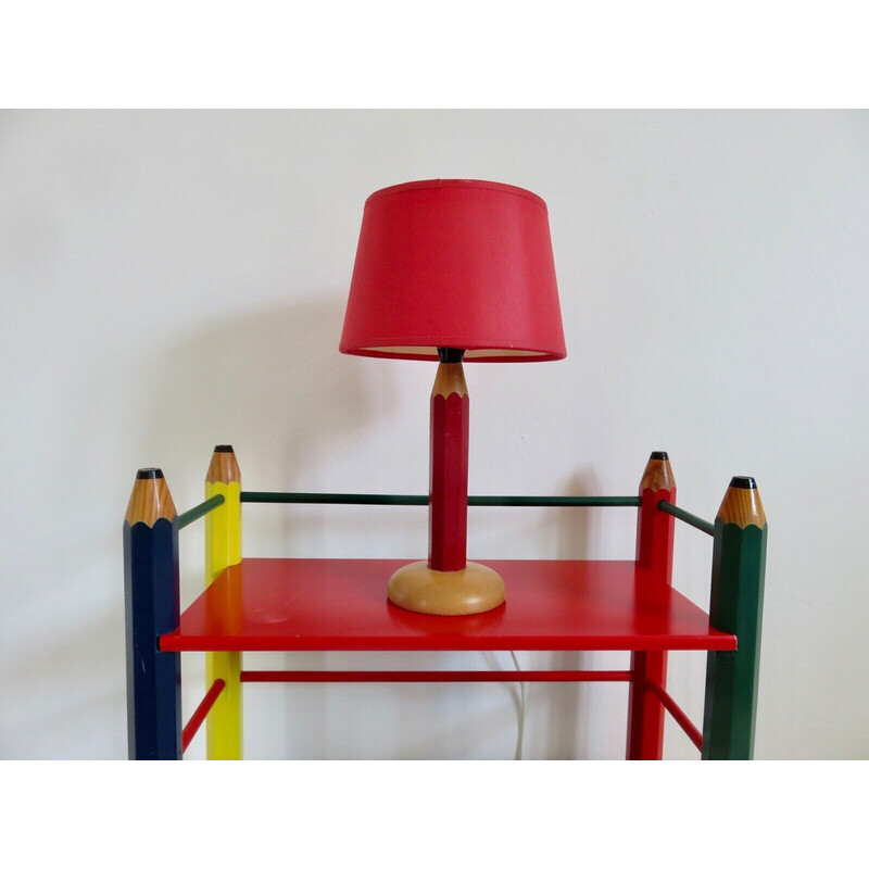 Vintage pencil-shaped lamp in red lacquered wood, France 1980