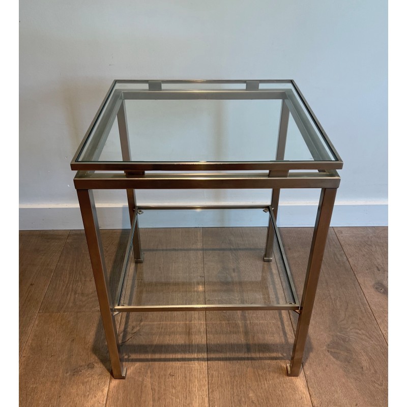 Pair of vintage side tables in brushed steel and transparent glass by Guy  Lefèvre for Maison