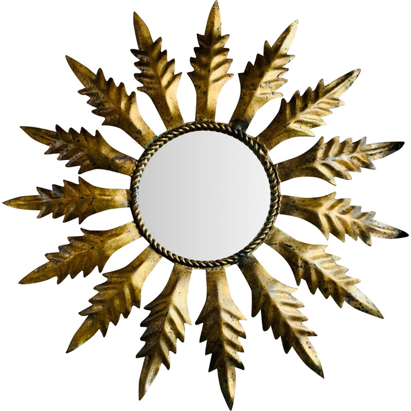 Miroir soleil vintage en métal doré