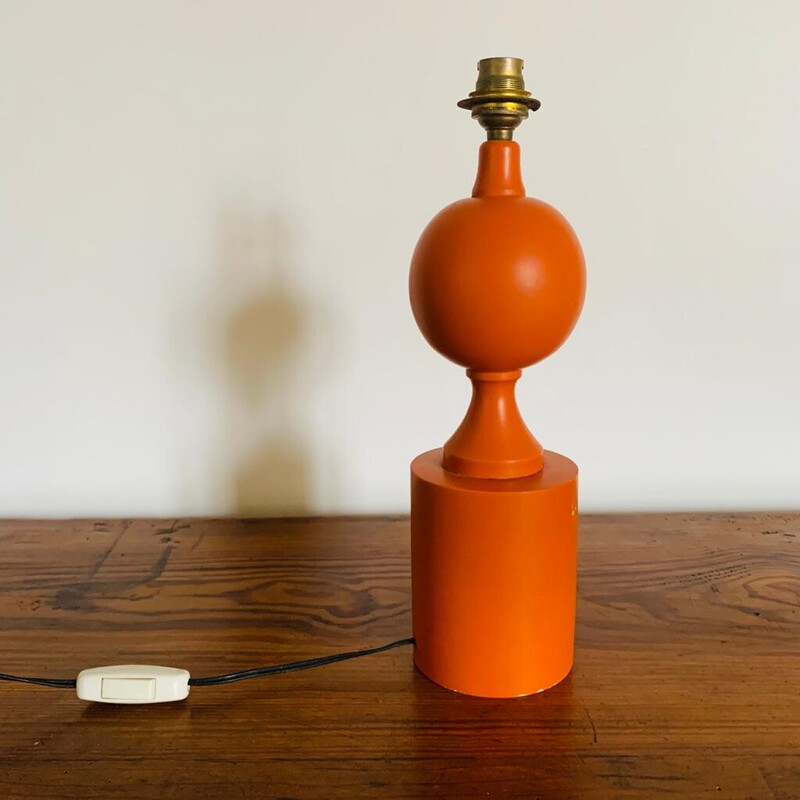Pied de lampe vintage orange en bois tourné