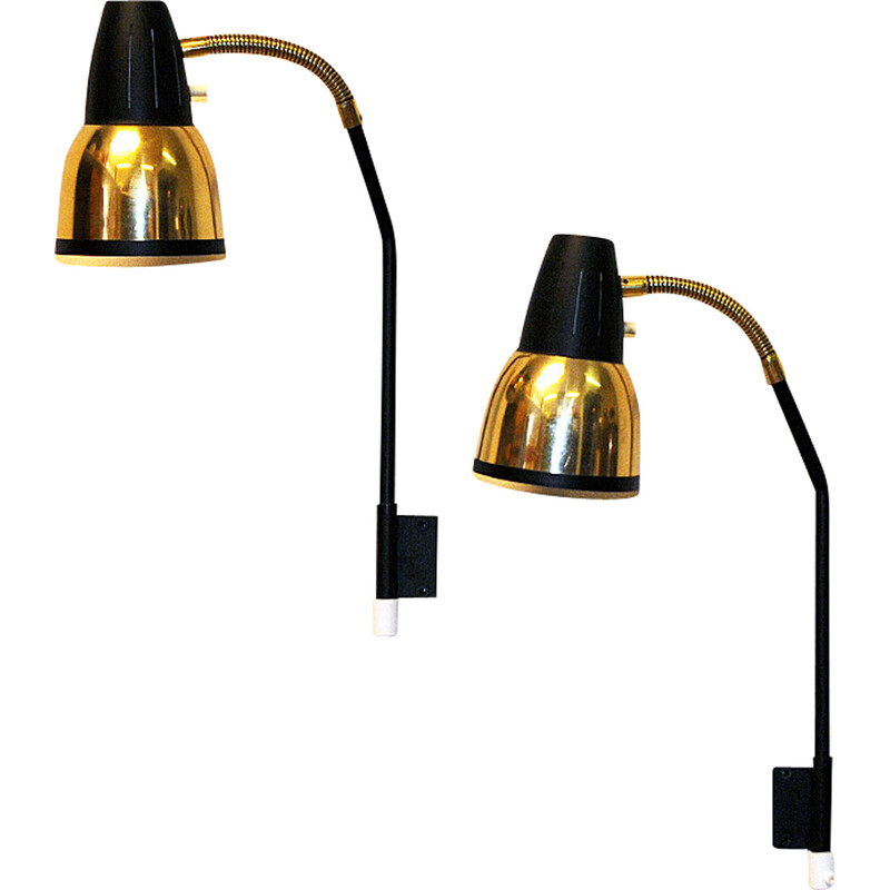 Pair of vintage brass and black metal wall lamp for Ra-Gla Belysning,  Norway 1960