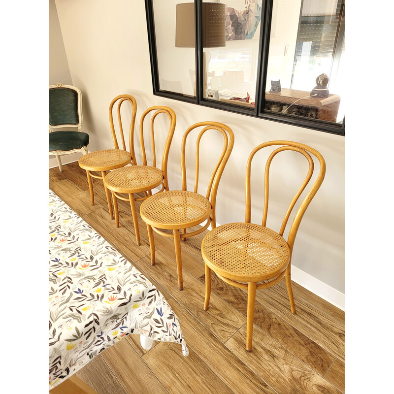 Set of 4 vintage bistro chairs in bentwood and cane for Thonet, 1970