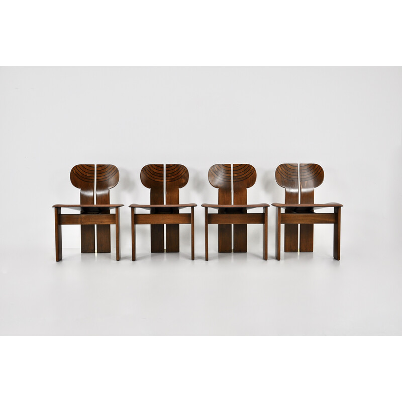 Lot de 4 chaises à repas vintage en bois et cuir brun par Afra et Tobia Scarpa pour Maxalto, 1975