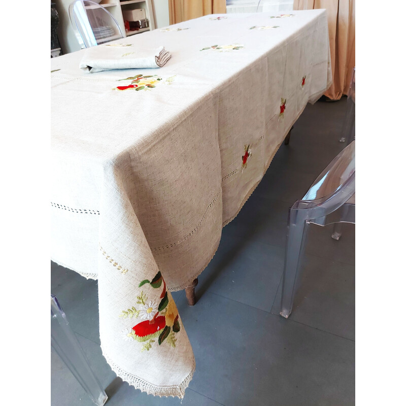 Conjunto de toalha de mesa bordada em linho vintage e 10 guardanapos