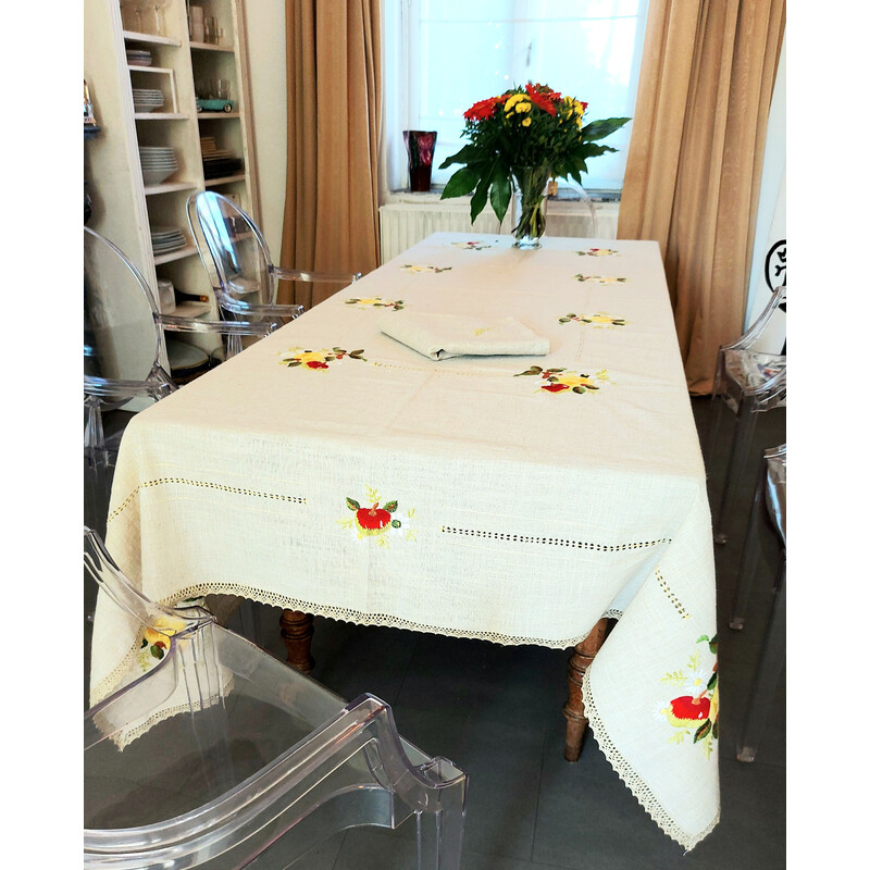 Conjunto de toalha de mesa bordada em linho vintage e 10 guardanapos