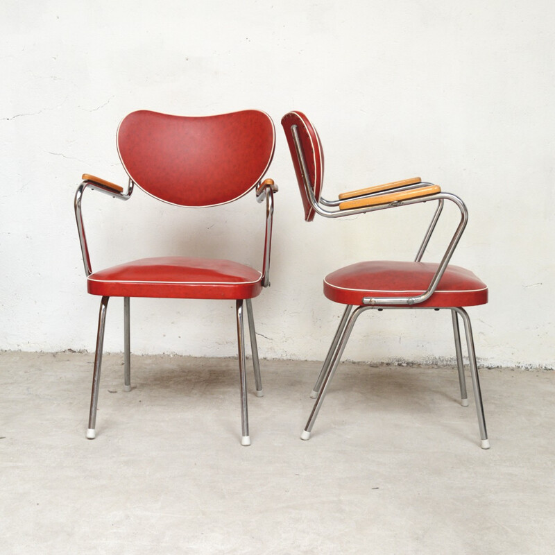 Suite de 3 chaises en simili cuir rouge et bleu - 1950