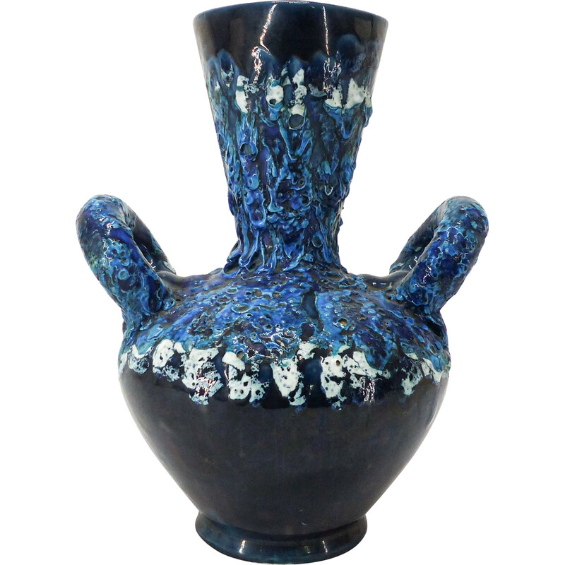 Vase vintage en céramique fat lava bleu pour Vallauris, France 1960