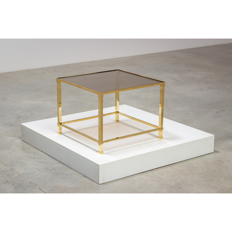 Pair of vintage side tables in brass and smoked glass by Lefevre, France  1970