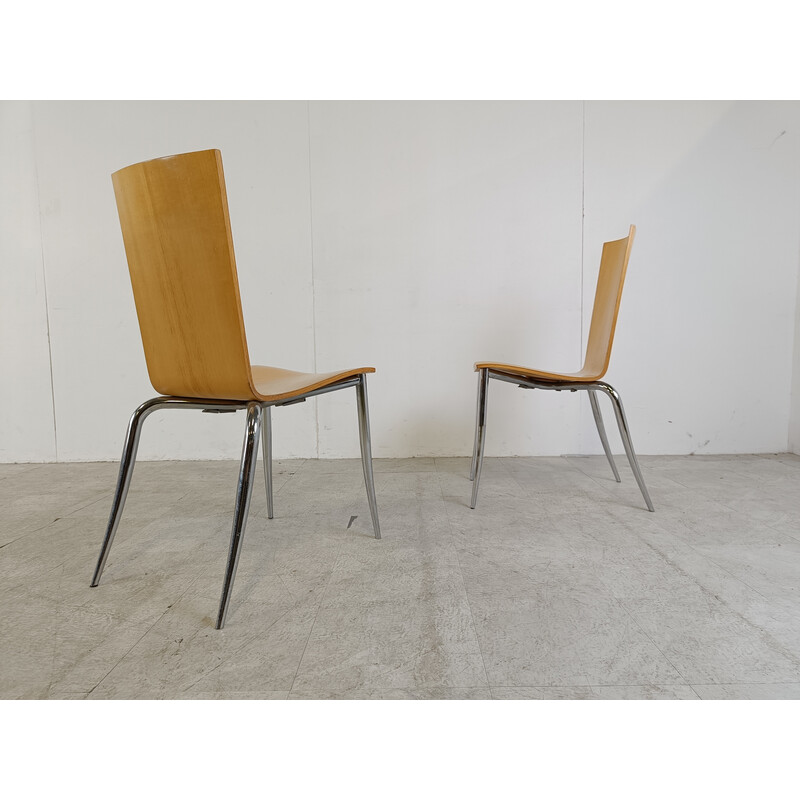 Set of 8 vintage Olly Tango dining chairs in wood and chrome by Philippe  Starck for