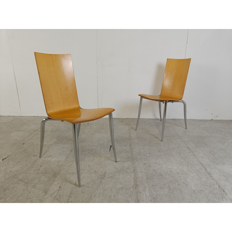 Set of 8 vintage Olly Tango dining chairs in wood and chrome by Philippe  Starck for